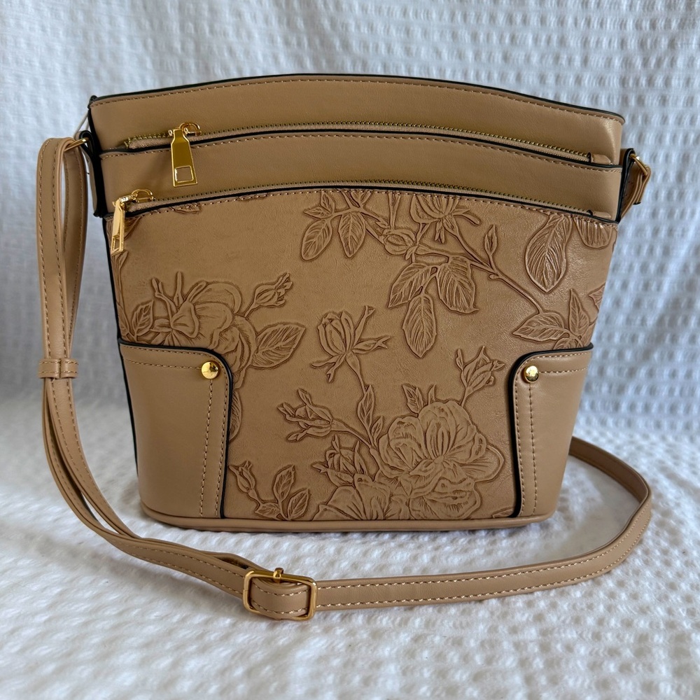 Le Bag Trendy Shoulder/Crossbody Bag Vegan Taupe with Embossed Flower Design NWT